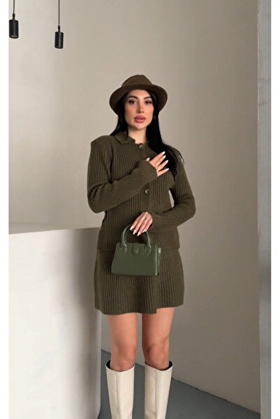 ollo fashion Women's Buttoned Twill Knitwear Suit with Skirt