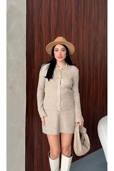 ollo fashion Women's Buttoned Twill Knitwear Suit with Skirt