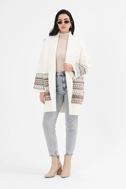 Uludağ Triko Жіночий етнічний візерунок Шаль Комір Трикотаж Довгий кардиган
