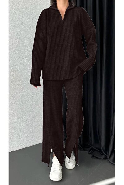 GÜLSEVEN Women's Corded Fabric collar zippered leg side Slit zippered knitwear set