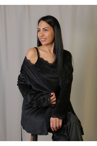 emsal özgür tekstil Black Velvet Without Lining, Lace Detailed 3-Piece Pajama...