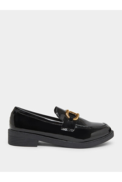 Take Two By Styli Black Metal Buckle Detail Patent Leather Loafers