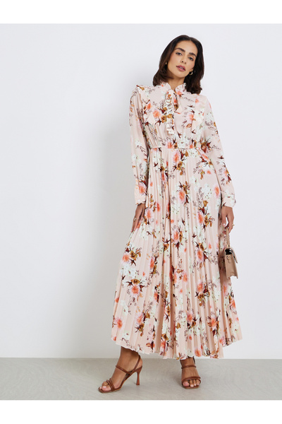 Styli فستان ميدي مطبوع عليه زهور برباط رقبة وحافة مكشكشة