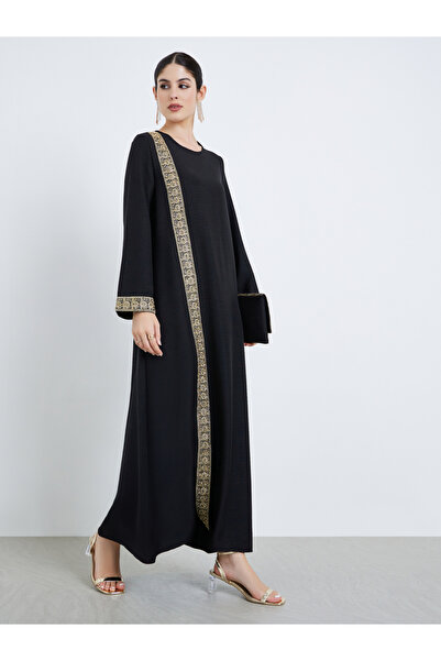 Styli Women Black Gold Embroidered Maxi Jalabiya