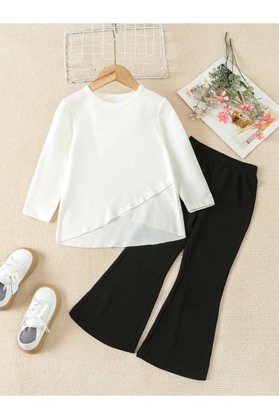 Take Two By Styli طقم بناتي مكون من بلوزة سادة بحافة مكشكشة وبنطال