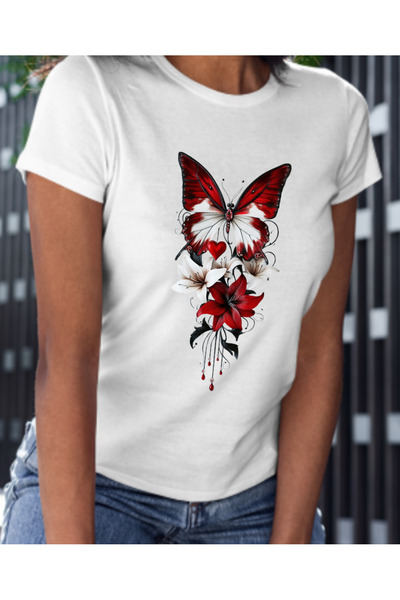 shi dumanlar giyim Unisex Kırmızı Kelebek Oversize Baskılı T-Shirt tshirt tişört