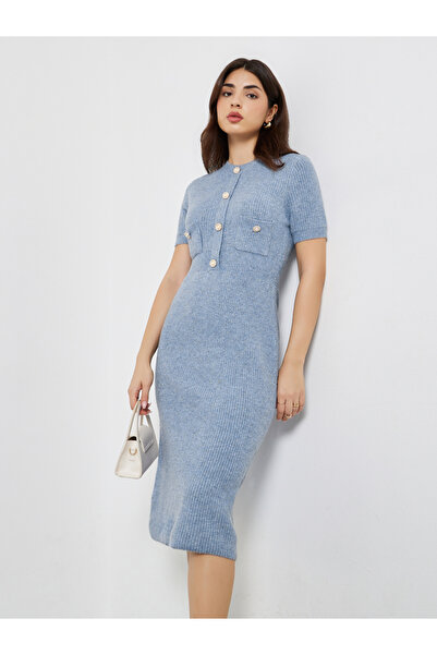 Styli Blue Knit Midi Dress with Button Detail