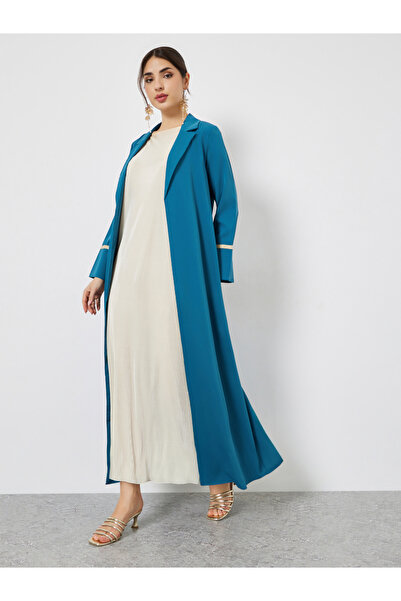 Styli Blue Collared Abaya with Lace Cuff Detail