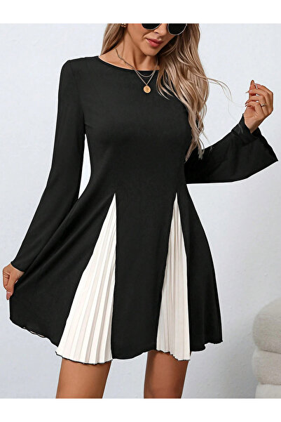 Take Two By Styli Women's Solid Pleated Detail Round Neck Flare Sleeve Mini Dress