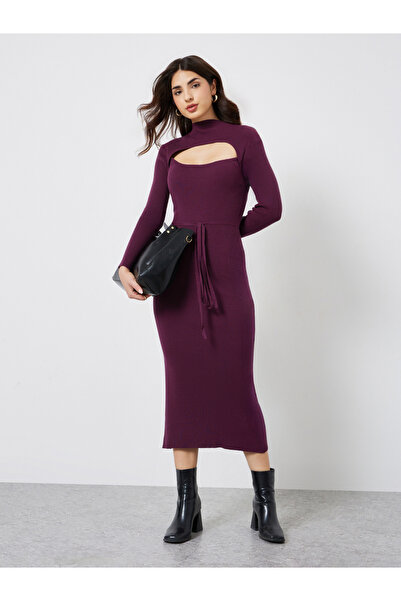 Styli Purple Ribbed Cut Out Sweater Midi Dress