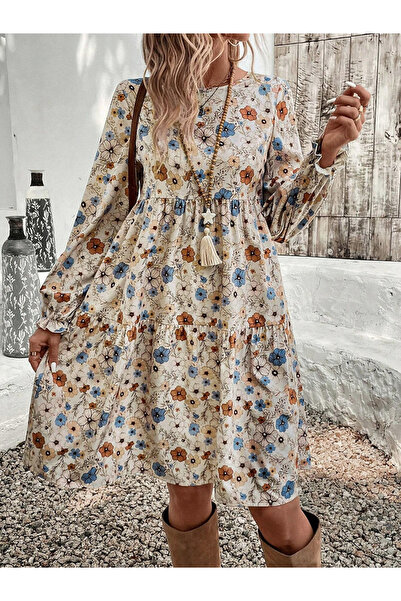 Take Two By Styli Women's Floral Printed Round Neck Long Sleeve Mini Dress