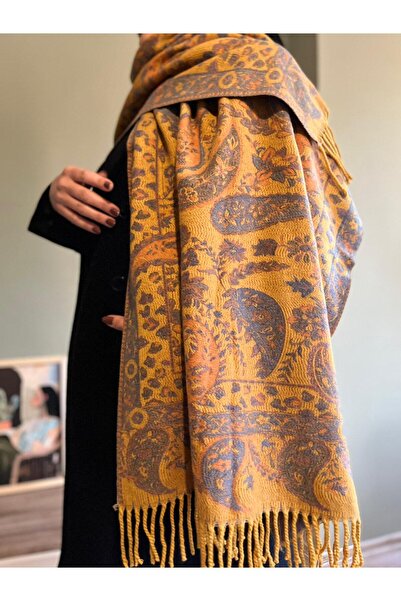 bazin Yumuşak Etnik Desen Orijinal Kaşmir Atkı-Kashmir Omuz Şalı 196x65
