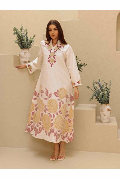 IKKXA جلابية مطبوع بتصميم جميل وتفاصيل زهور كبيرة