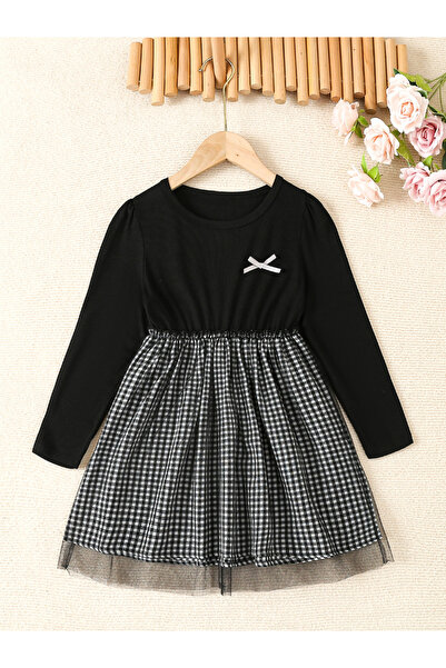 Take Two By Styli Girls Black and White Checkered A-Line Dress