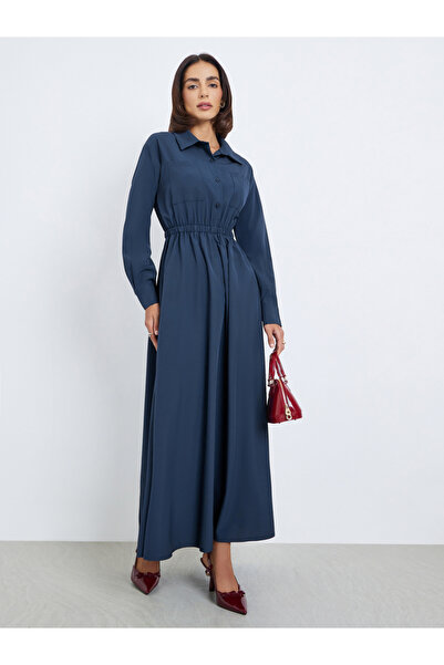 Styli Solid Shirt-style elastic waist casual MAXI Dress