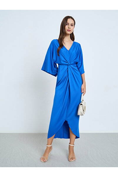 Take Two By Styli Blue Pleated Detail Midi Dress