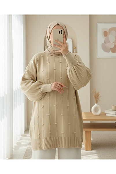 HİJABAYA Soft Knit Sweater with Slit Pom-Poms on the Side