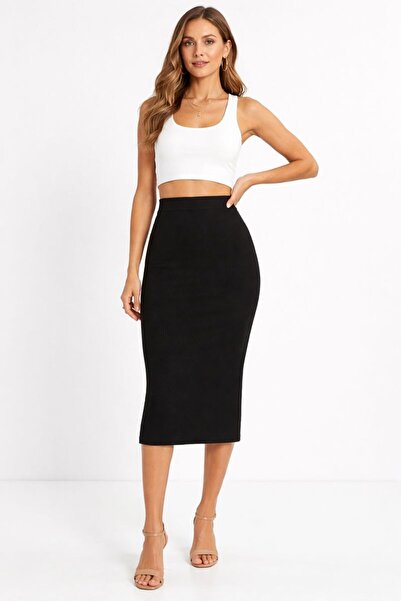 buğlem collection Kadın Yüksek Bel Kaşkorse Kalem Etek Midi Boy Yırtmaçsız Rahat Kalıp Şık Basic