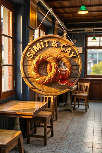 Nod Çay Simit Görselli İpli Ahşap Kapı Duvar Süsü, Çay Ocağı Pastane Fırın Cafe Dükkanı Tablo Dekoru