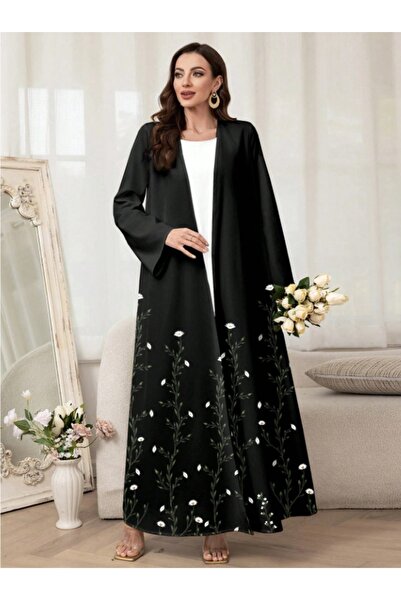 SOROSE SA عباية ملكي سوداء بنقش مشجر بورود بيضاء مميزة من الاسفل
