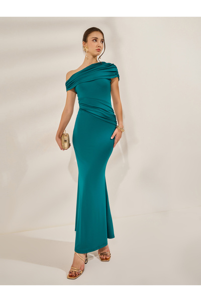 Styli Teal Pleated One Shoulder Bodycon Maxi Dress