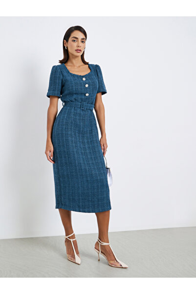 Styli Fabric belt as image trim at neck Half Sleeves Sheath Midi Dress