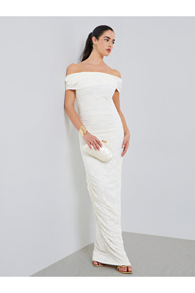 Styli Women Cream Lace Off-Shoulder Maxi Dress