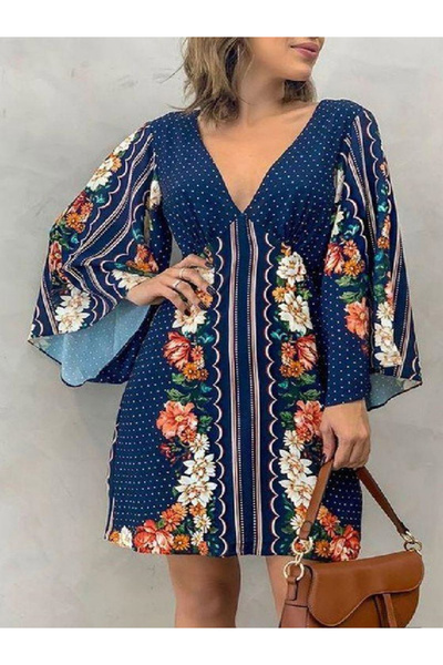 Take Two By Styli Women's Floral Printed V Neck Loose Long Sleeve Mini Dress