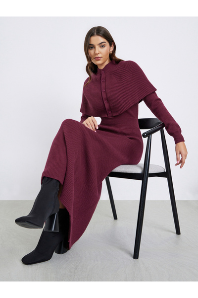 Styli Maroon Knit Sweater Maxi Dress with Cape Sleeve