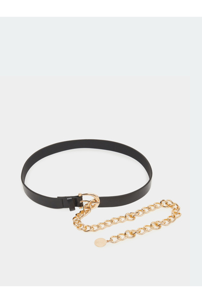 Styli Black Faux Leather Belt with Chain Detail