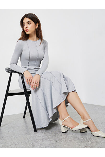 Styli Textured Grey A-Line Midi Dress