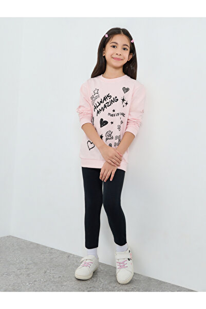 Styli Girls Pink Graphic Print Sweatshirt and Leggings Set