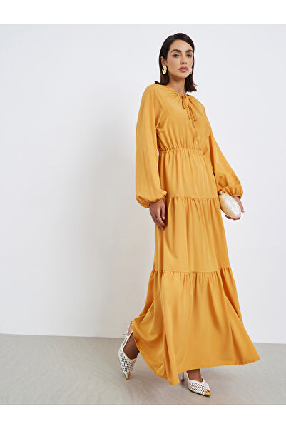Styli Solid Puff sleeves, A-line paneled Festive Maxi Dress