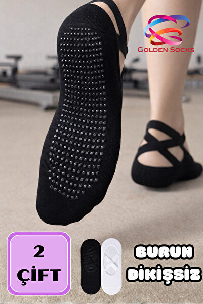 GOLDEN SOCKS Pilates 2 Çift Yoga Kaymaz Tabanlı Siyah Beyaz Çorap