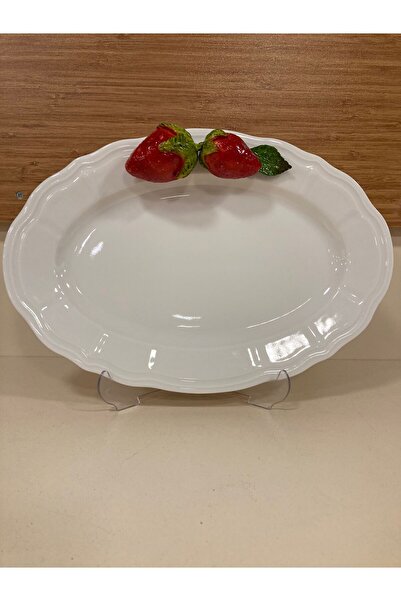 PLUS HOME TABAK OVAL SERVİS SUNUM EL YAPIMI PORSELEN ÇİLEK DEKORLU 30 CM