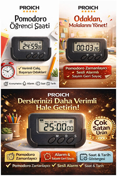 PROICH Çok Fonksiyonlu Öğrenci Dijital Ders Çalışma Saati - Masa ve Araç Üstü Kronometre Alarm Zamanlayıcı