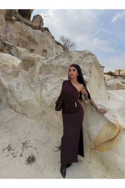 TRENDLİA Kadın Omuz Drapeli Bel Aksesuarlı Midi Elbise