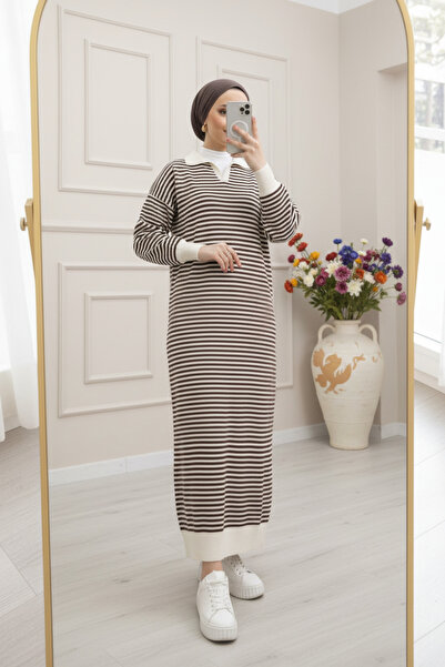 Kirazca Butik Kadın Kazak Elbise İnce Çizgili V Yaka Triko