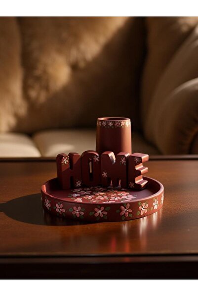 rilind El Yapımı Çiçek Desenli Taş Tozu HOME Set Tabak&Vazo&Harf
