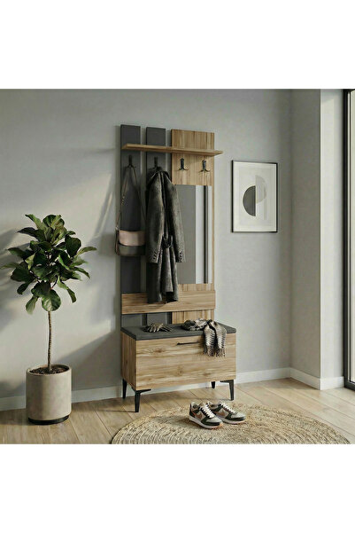 Kalender Dekor Nisan Ayaklı Aynalı Portmanto Ayakkabılık Vestiyer Çam Antrasit