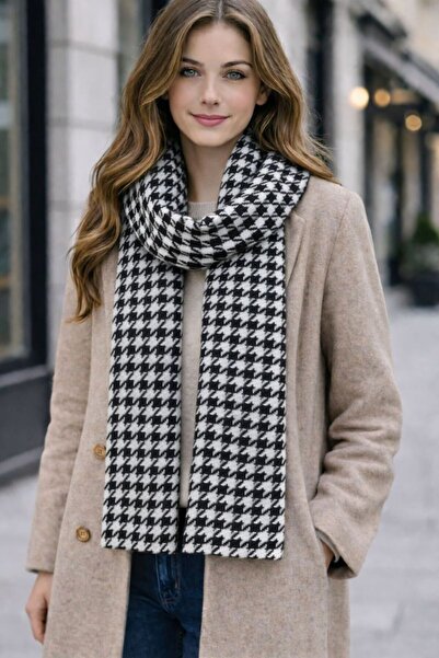 Wega Moda Houndstooth Patterned Double-Sided Knit Scarf - Unisex Knit Scarf