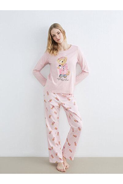 LC Waikiki Lcw Dream Pink Crew Neck Bear Teddy Printed Women's Pajama Set