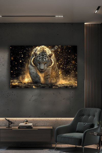 B&G DESIGN Modern Beyaz Kaplan Cam Tablo Gold Detaylı 4mm Temperli Kırılmaz C...