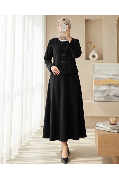 Modamorfo Leather Detailed Buttoned Front Skirt Thessaloniki Suit - Black