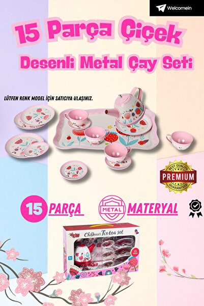 welcomein Çiçek Desenli Metal Çay Seti 15 Parça Isıya Dayanıklı Evcilik Oyunu...