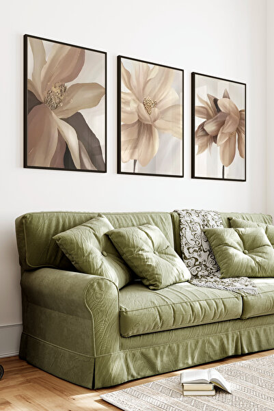 kutuTR Siyah Çerçeveli 2D UV Baskı 3’lü MDF Tablo Set – Bej Tonlarında Modern...