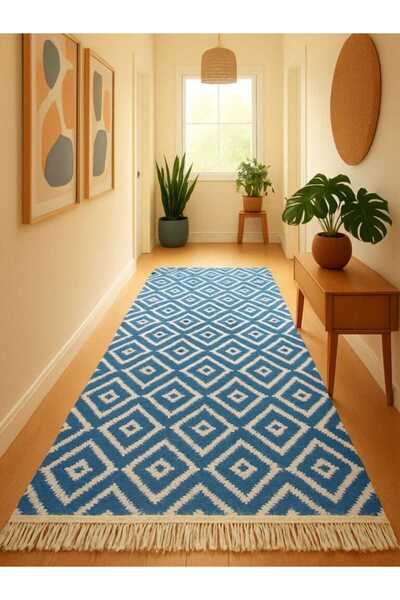OEM Traditional Woven Carpet, Double-Sided, Size 80 x 300 cm, Blue and White, Geometric Model