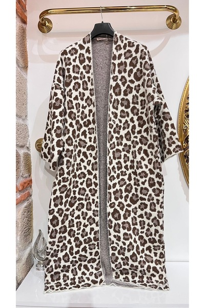 EB SCARF Leopard Print Angora Full Length Cardigan