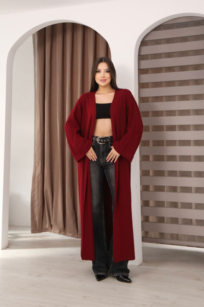 bacc Women's Burgundy Double Sleeve Oversized Long Loose Knitwear Cardigan Bc...