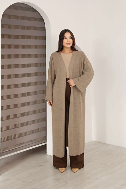 bacc كارديجان نسائي طويل فضفاض بأكمام مزدوجة باللون البيج قصة فضفاضة BCES-253010